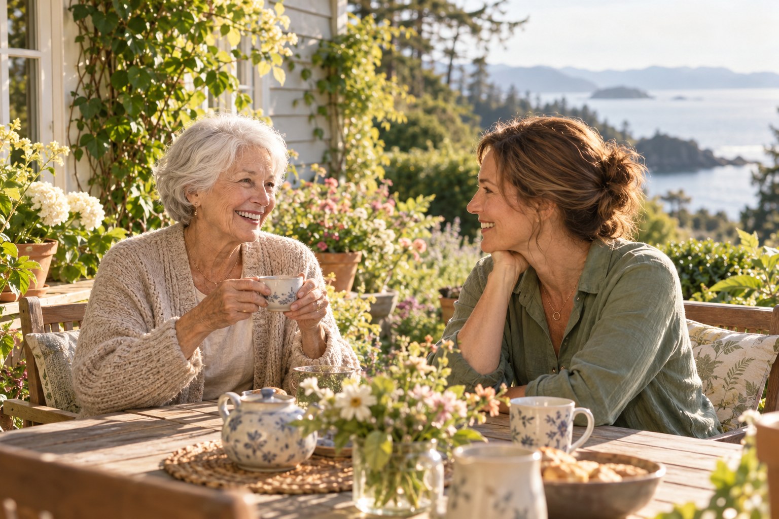An older woman and a companion enjoying tea together in a sunny garden